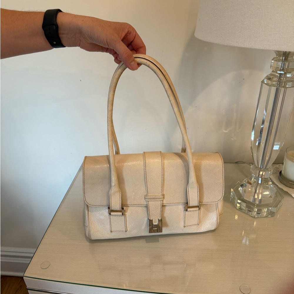 Cream Structured Shoulder Bag with Gold Accents